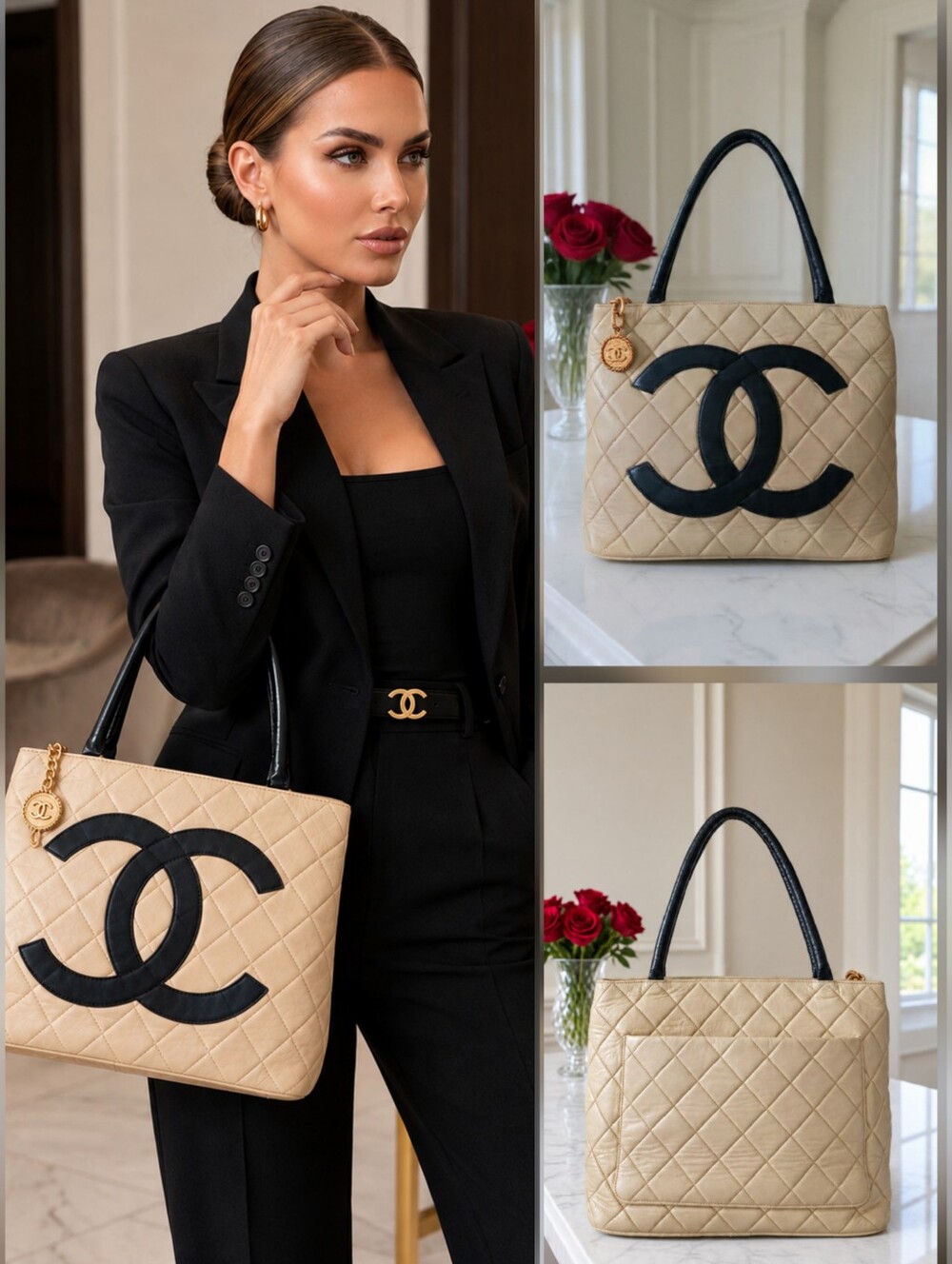 CHANEL RARE Vintage 90s Medallion Tote Bag Quilted Lambskin Cream/Black Bicolor